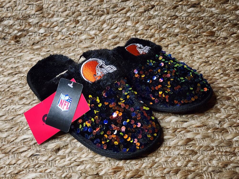 FOCO NFL Cleveland Browns Sequins Women's Slippers - Size S (5-6) - Black New!